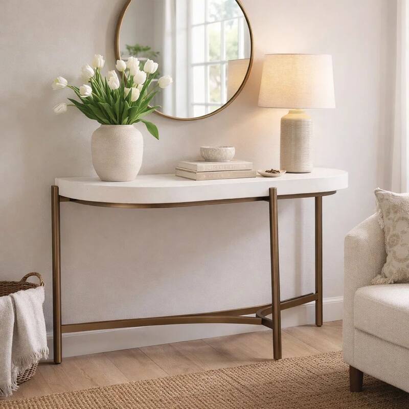 Leyu 51 Inch Curved Console Sofa Table, White Concrete Top, Bronze Base