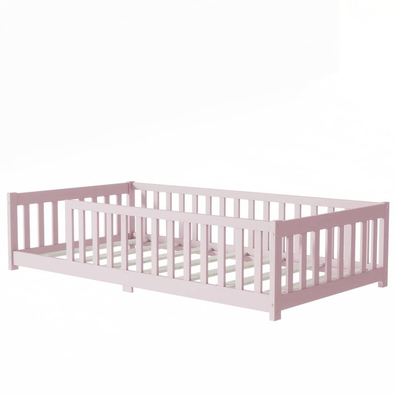 Rubber Wood Floor Bed with Fence without Door
