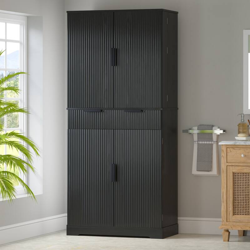 Roomfitters 72" Tall Fluted Kitchen Pantry Cabinet with 4 Pull-Out Drawers & 6 Door Spice Racks - Black