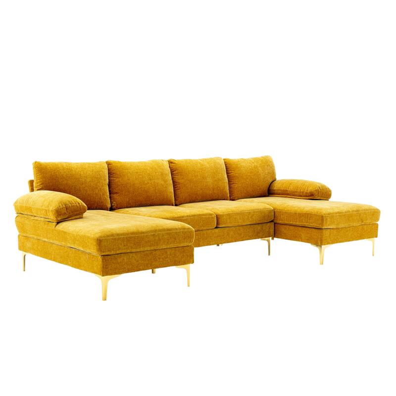 Living Room Chenille Fabric Sofa Sectional Sofa with Cushion Back, Pillow Top Arms, and Metal Legs