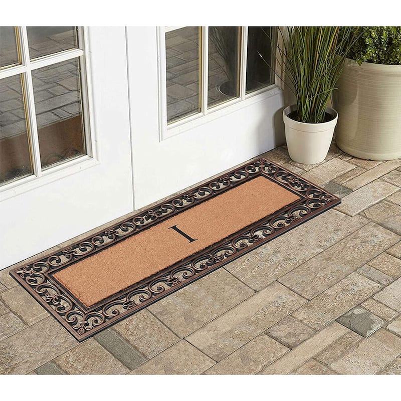 A1HC Rubber and Coir Paisley Border Myla Double Door Monogrammed Doormat Bronze