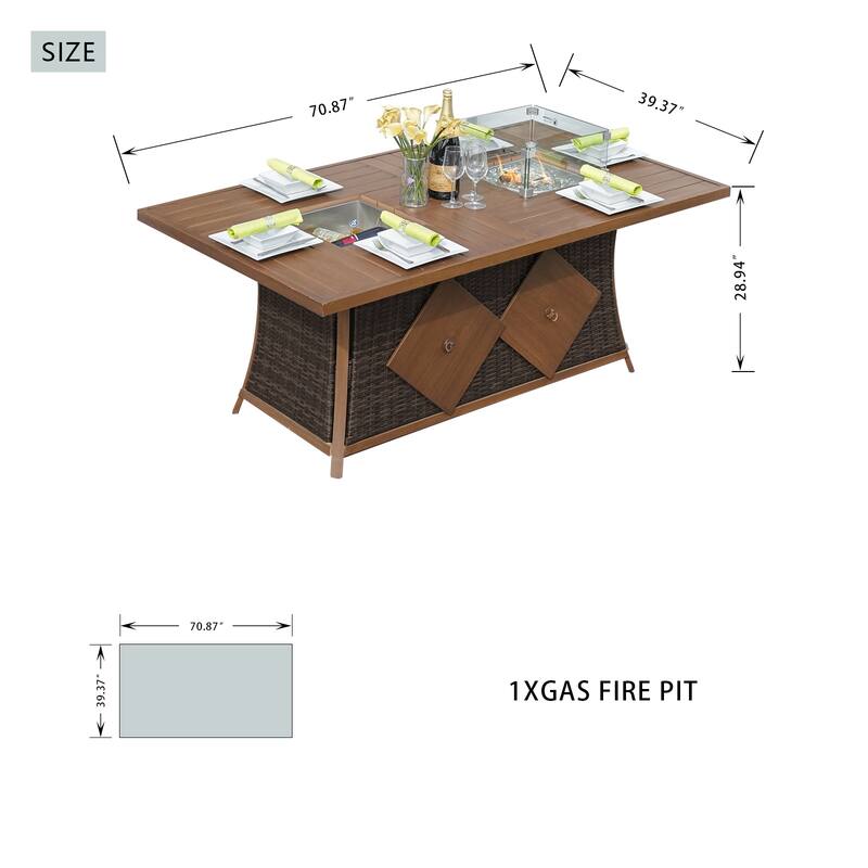 7-Piece Patio Aluminum Frame Conversational Sofa Set Dining Set with Gas Fire pit and Ice bucket Rectangle Dining Table