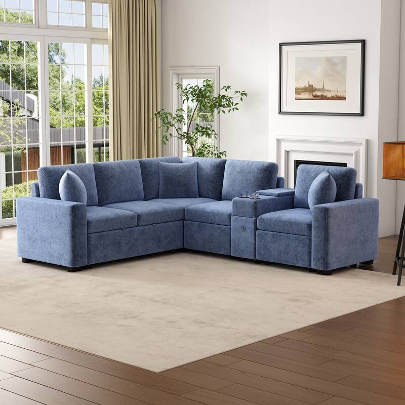 L-Shaped Modular Sectional Sofa with Pull-Out Bed, Chenille Convertible Sleeper Sofa Bed with Cup Holders & Multiple Storage