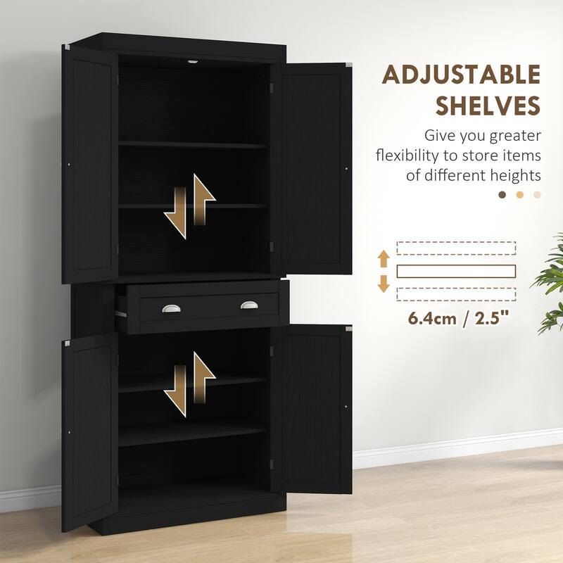 Black Wood Grain Storage Cabinet with Drawer and Adjustable Shelves Ideal for Kitchen or Bathroom - 30" W x 16" D x 72.5" H