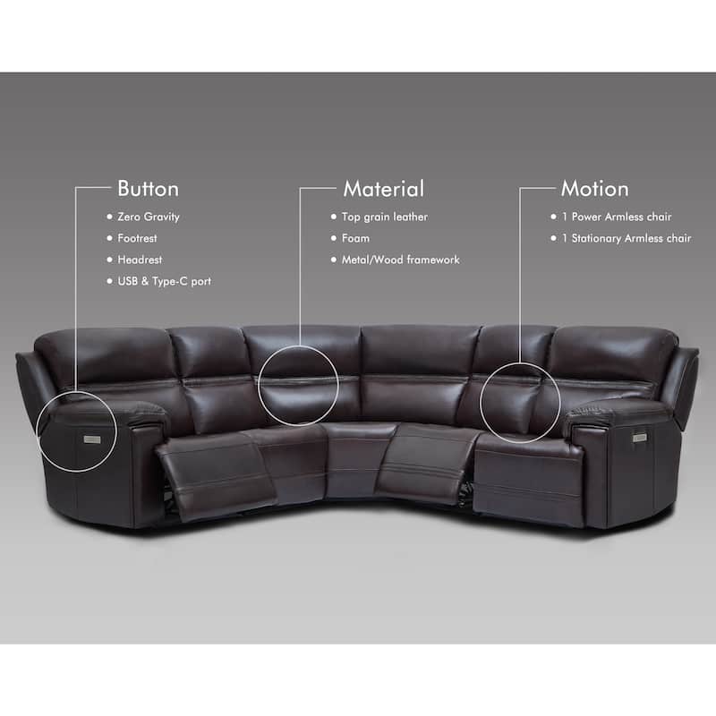 5PCS, 3 power Recliners, Dual-Power Genuine Leather Reclining Sectional with Adjustable Headrest