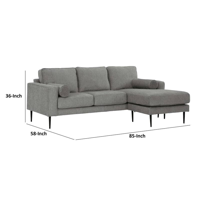 Haez 85 Inch Sofa Chaise, 2 Bolster Pillows, Chevron, Light Gray Polyester