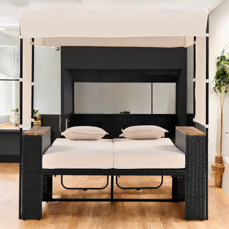 2-Piece Outdoor Rattan Daybed with 5 Positions, Canopy, Bench, and Cushions for Poolside, Backyard & Garden