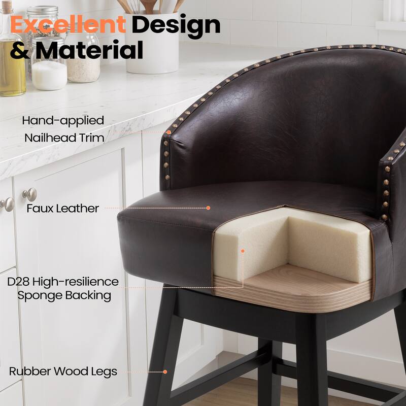 26.4"H Swivel Faux Leather Upholstered Solid Wood Counter Stools