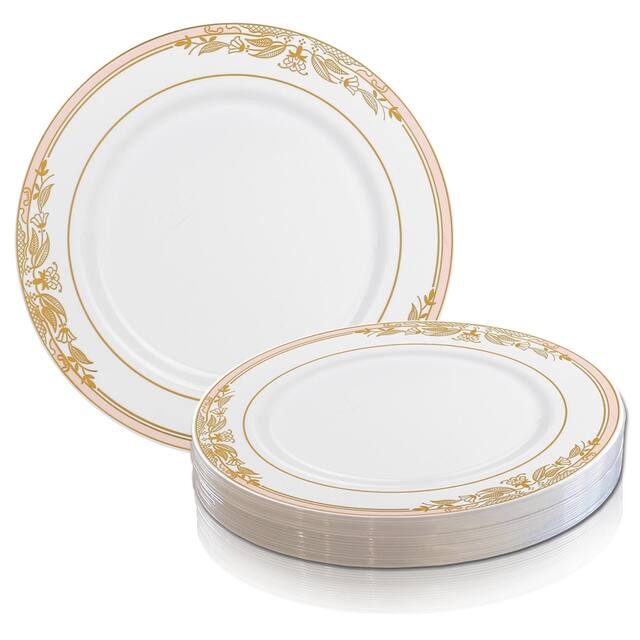 Gold Harmony Rim Disposable Plastic Plate Packs - Party Supplies - White with Pink and Gold Rim - 120pcs - Dinner Plates