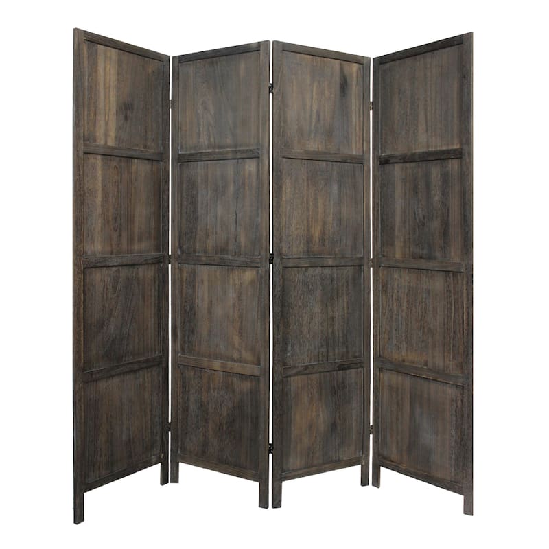 79 Inch Wood 4 Panel Screen Room Divider, Crossed Accents, Brown