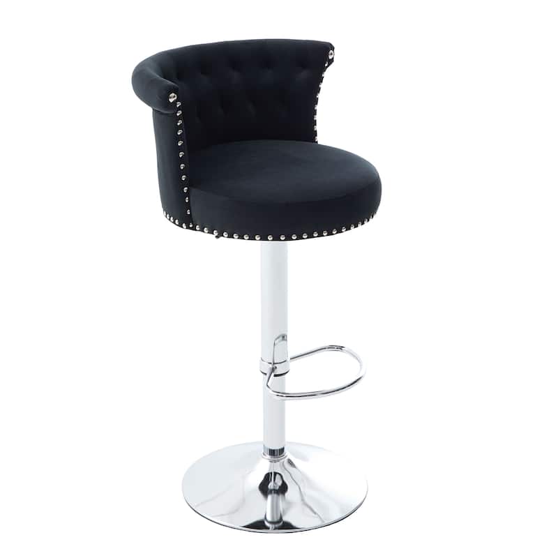 Velvet Upholstered Bar Stool Set of 2, Adjusatble Height Swivel Bar Stools, Dining Chairs with Curved Backrest & Footrest