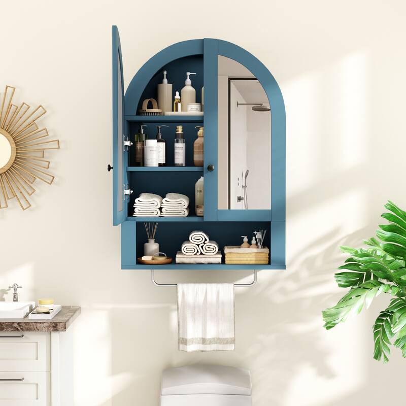 Wall Mounted Arched Cabinet with Mirrored Doors and Adjustable Shelves for Laundry Room, Bathroom, Kitchen