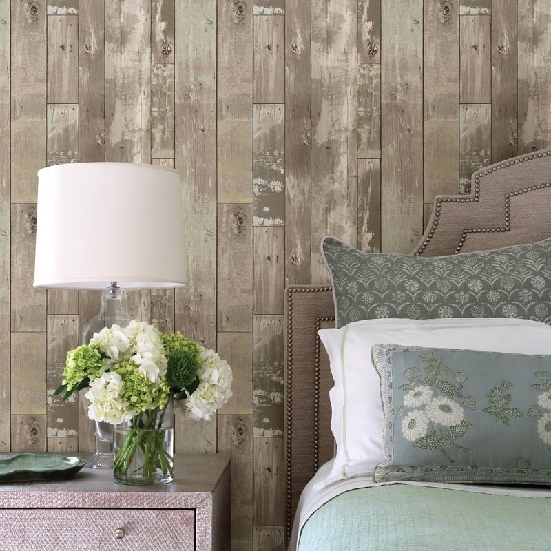 Brewster Harbored Neutral Distressed Wood Panel Wallpaper - 20.5in x 396in x 0.025in