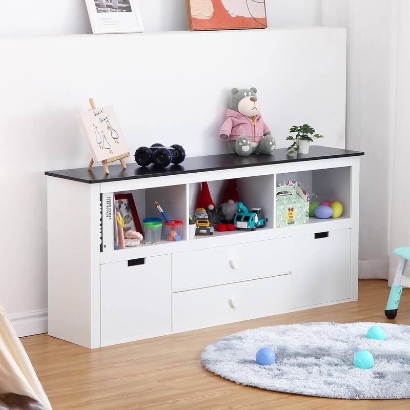Wooden Toy Organizer Bins with Movable Drawers & Blackboard Top Kids Bookshelf