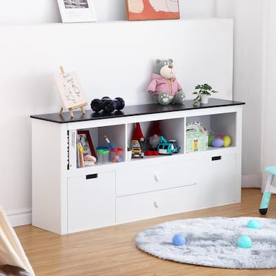 Wooden Toy Organizer Bins with Movable Drawers & Blackboard Top Kids Bookshelf