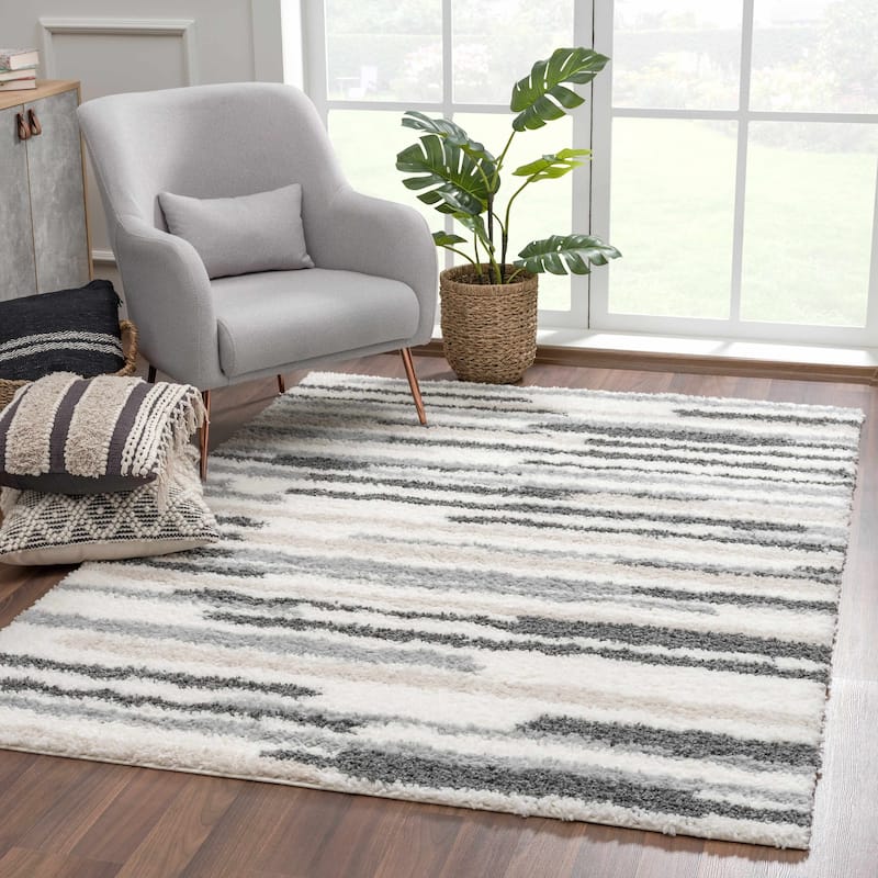 Hauteloom Lux Shag Collection Moroccan Farmhouse Shaggy High Plush Pile Area Rug - 6'7" x 9'6" - Cream, Beige, Grey