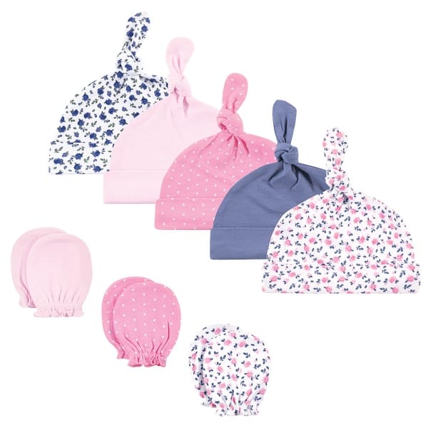 slide 1 of 1, Hudson Baby Infant Boy Cotton Cap and Scratch Mitten Set, Blue Pink Floral, 0-6 Months - Blue Pink Floral 8-Pack 0-6 Months - Blue Pink Floral 8-Pack