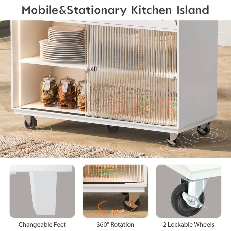 44 in. W Kitchen Island Rubberwood Drop-Leaf Countertop on 5 Wheels with Open Shelf and Wine Rack - 44''