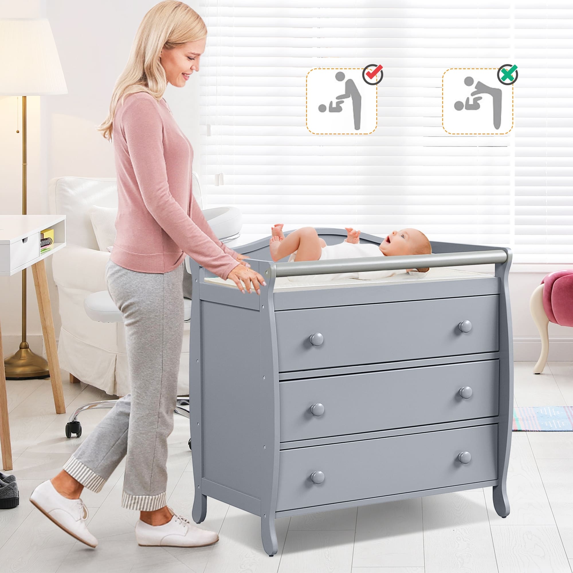 Costway 3 Drawer Baby Changing Table Infant Diaper Changing