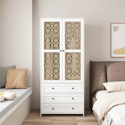 Hollow pattern 2 door 3 drawer wardrobe, the collision of wood color and white, suitable for bedrooms and dressing rooms