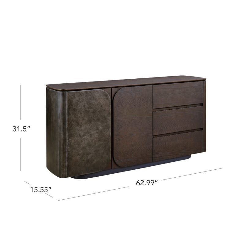 Spruce & Spring Modern Scandinavian Luxury Ash Wood Sideboard with Metallic Accent, Dark Brown Storage Buffet Cabinet