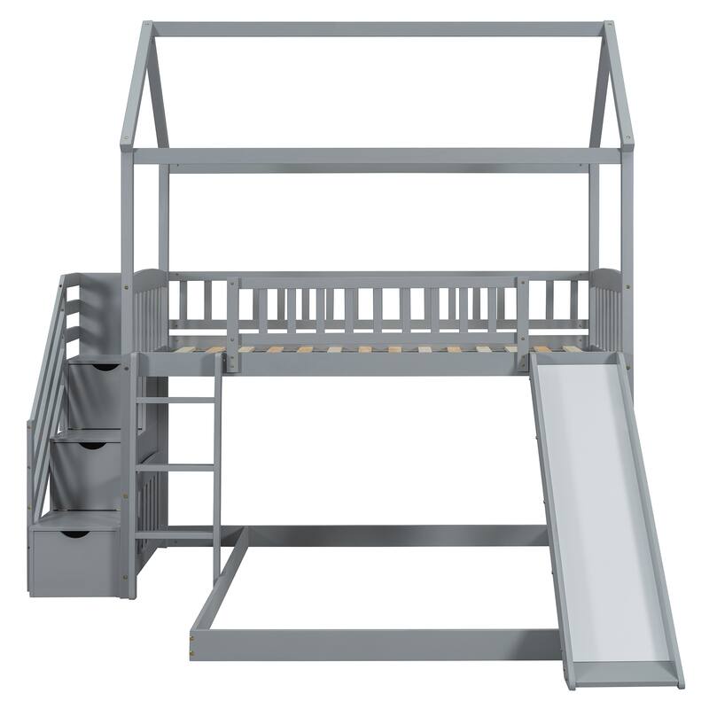 Twin Over Full Bunk Bed with Slide and Storage, Gray