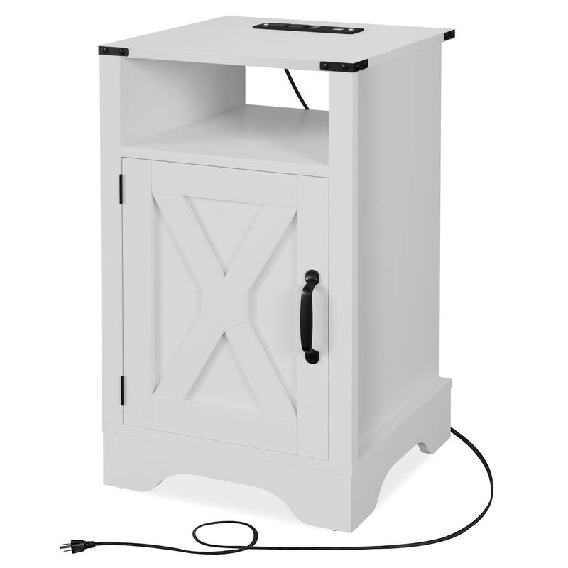 Rustic Farmhouse Nightstand with Charging Station - White, 2 USB Ports & 2 Outlets, Ample Storage