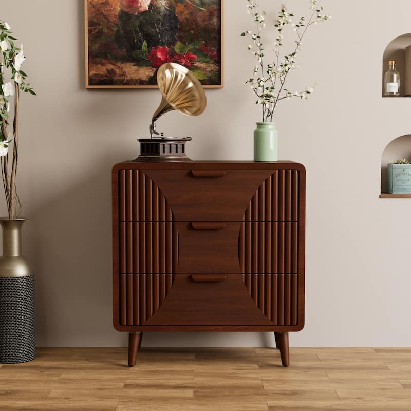 COSIEST Modern Brown End Table with Drawers - Plain and Strip - 3-drawer