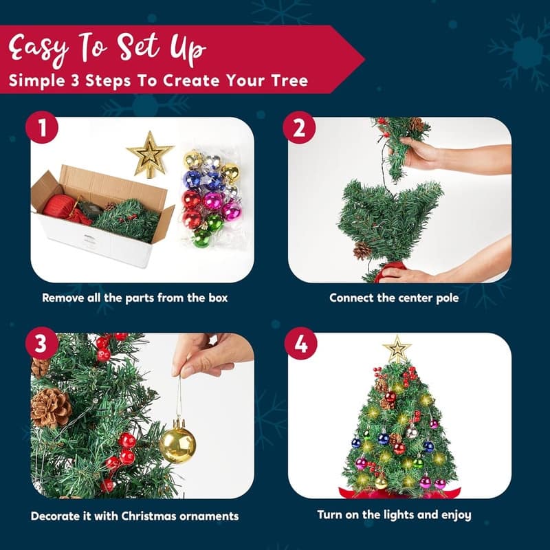 5 in. Tall Green Plastic & Metal Prelit Tabletop Christmas Tree with Color Changing LED Lights - Red