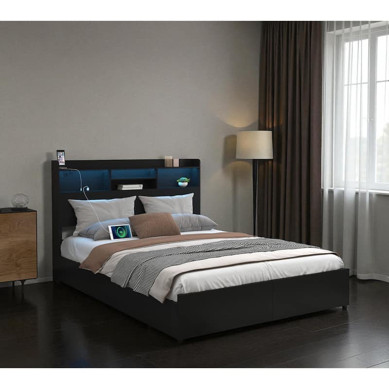 Bed Frame with 6 Storage Drawers, LED Headboard Shelf, Fast Charging Station, Heavy Duty Metal Platform No Box Spring Needed