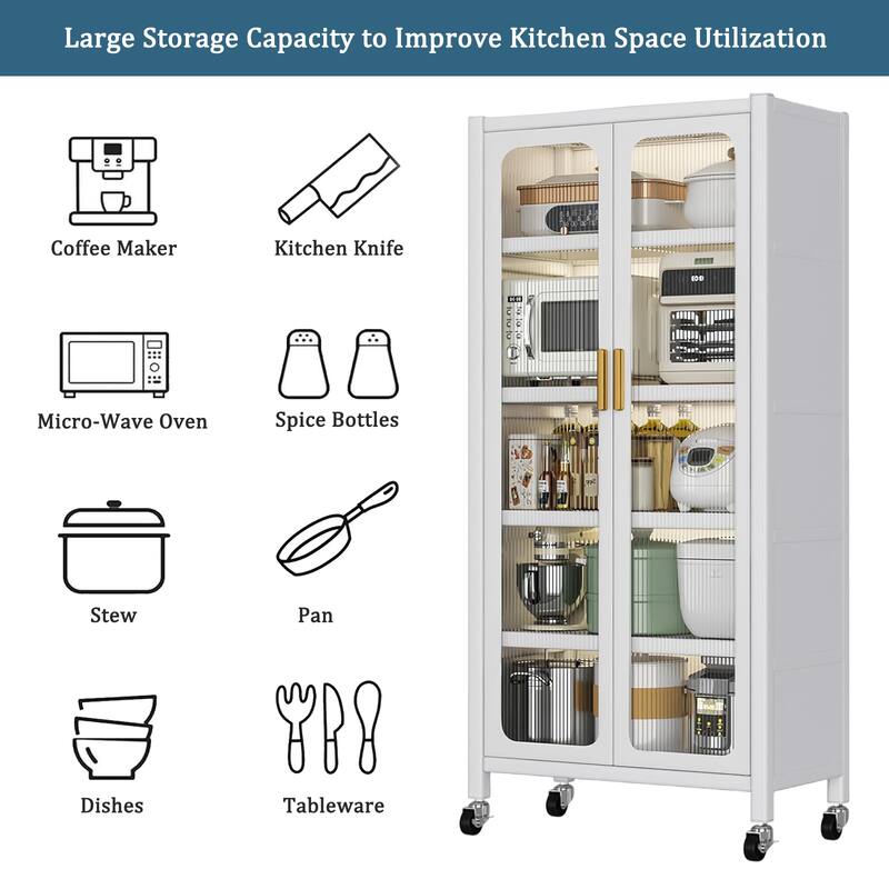 65" Metal Kitchen Pantry Storage Cabinet with Wheels, Adjustable Shelves and Transparent Doors for Living Room or Dining Room