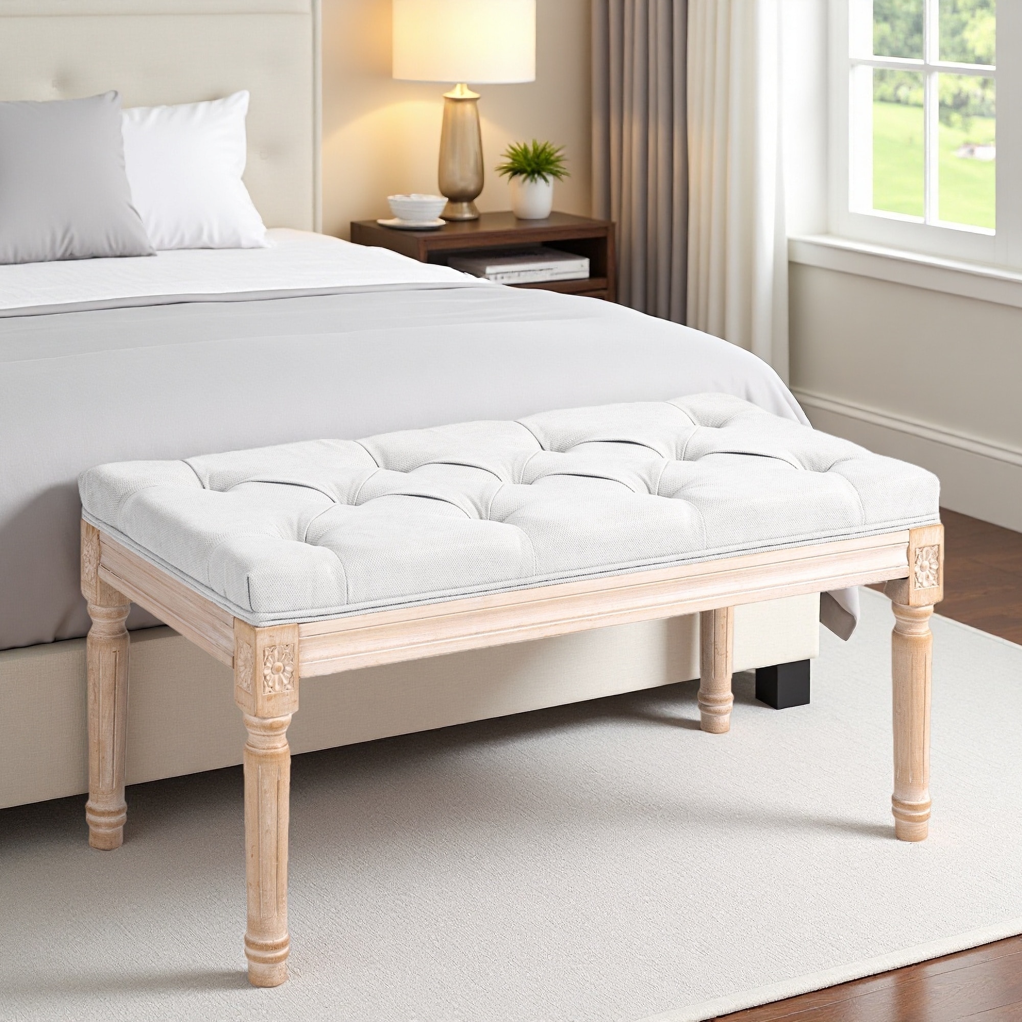 31.5"L End of Bed Upholstered Bench, French Vintage, Button-Tufted