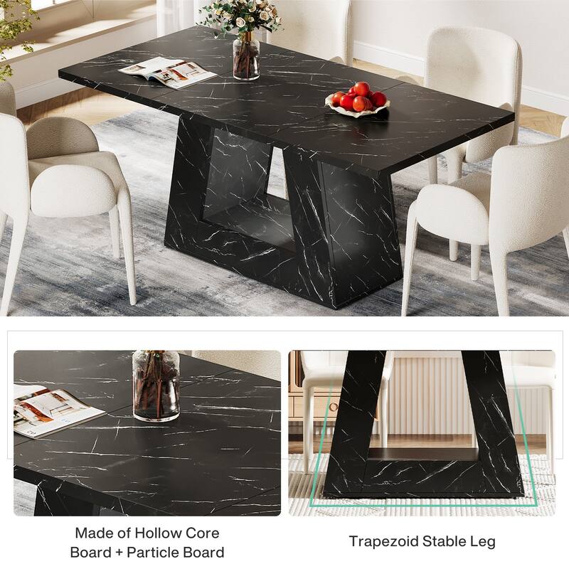Farmhouse Modern Wooden Faux Marble Dinner Table with Sturdy Base