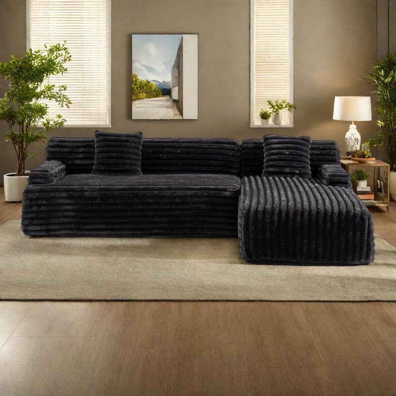 110" Faux Fur Cloud 3-Seater sat L-Shaped Sectional Sofa with Two Included Throw Pillows - Black