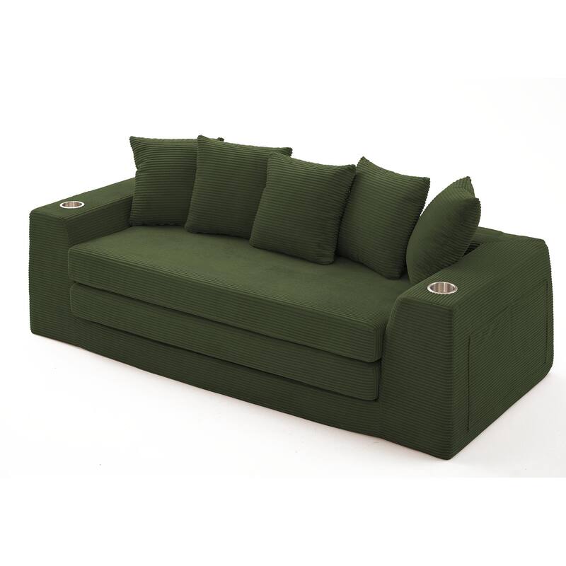 Modern Convertible Loveseat Sofa Bed, Corduroy Fabric Foldable Floor Couch w/5 Pillows, Side Pockets & Cup Holders, No Assembly