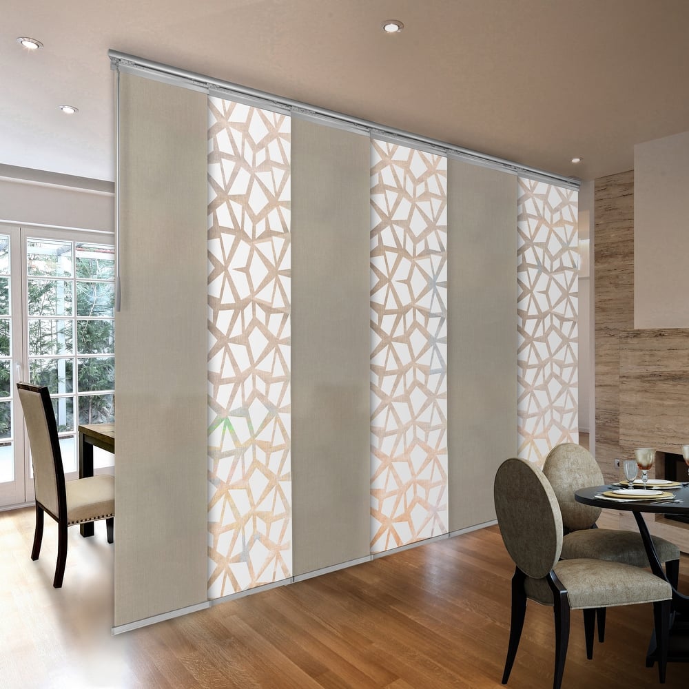 InStyleDesign 6-Panel Single Rail Panel Track Extendable 98"-130"W x 94"H, Panel width 23.5", Geometric White, Champagne
