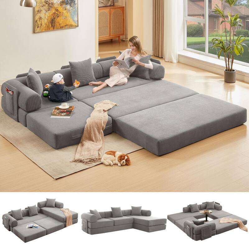 Versatile 7-in-1 Modular Folding Sectional Sofa with Chaise Convertible Corduroy Sleeper Sofa Bed with Removable Storage Bags