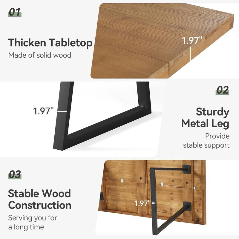 63-Inch Solid Wood Industrial Executive Desk with Strong Metal Legs for Home Office, Small Conference Table