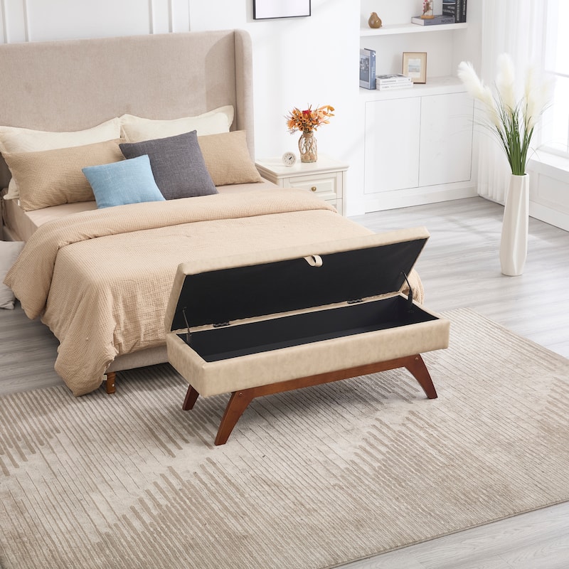 Teddy Fabric Storage Ottoman Bench with Solid Wood Feet - Plush Upholstered Footrest for Bedroom or Living Room