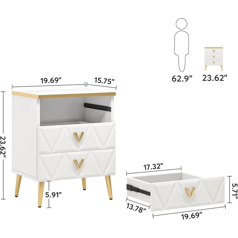 White-Gold Engineered Wood Nightstand Set of 2 with 3 Drawers and Metal Legs