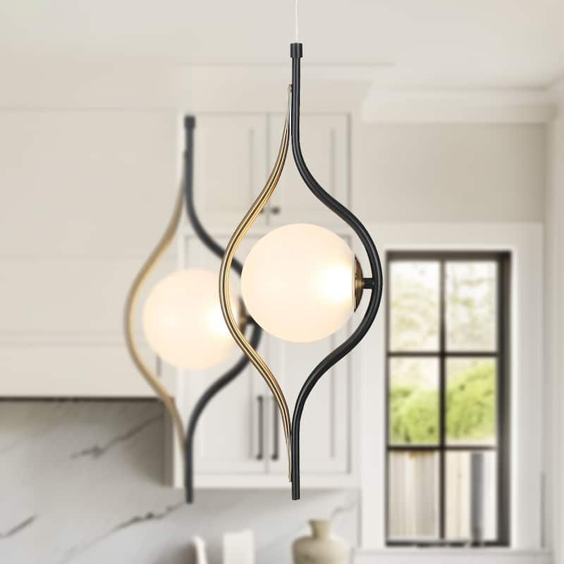 Modern Contemporary 1-Light Black Gold Kitchen Island LED Pendant Lights with Frosted Glass - 6.5" L x 5.5" W x 20" H