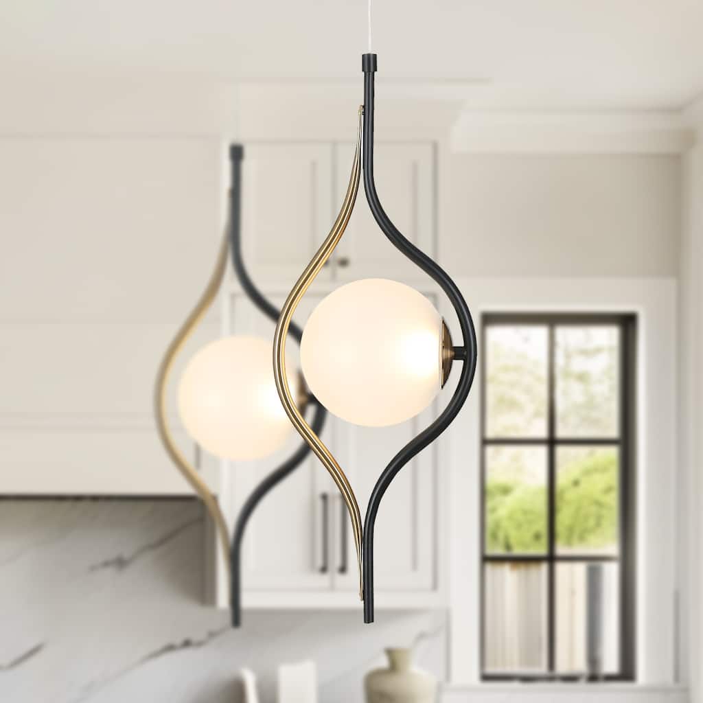 Modern Contemporary 1-Light Black Gold Kitchen Island LED Pendant Lights with Frosted Glass - 6.5" L x 5.5" W x 20" H