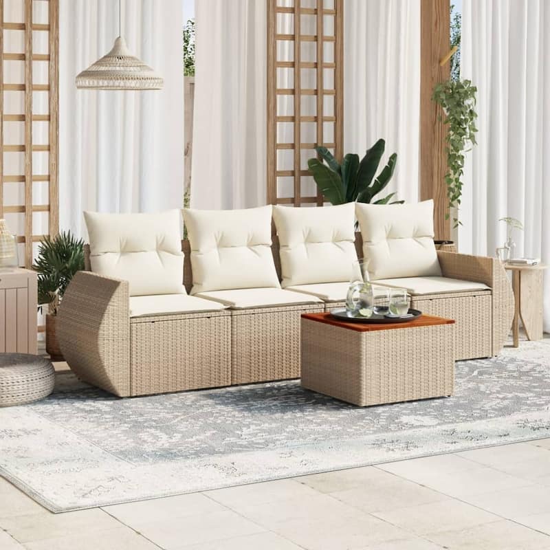 vidaXL Patio Sofa Set with Cushions Outdoor Furniture 5 Piece Poly Rattan - 24.4 x 27.6 x 27.2 - Beige and Cream