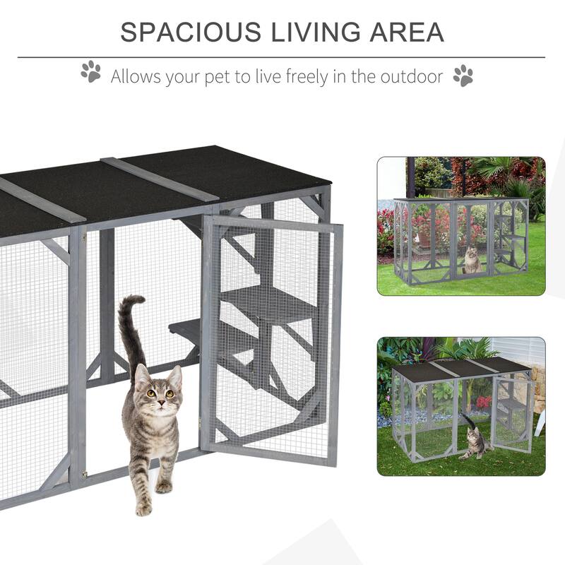 PawHut Wooden Outdoor Cat House Catio Kitten Enclosure Indoor Cage with Asphalt Roof, Multi-Level Platforms and Large Enter Door