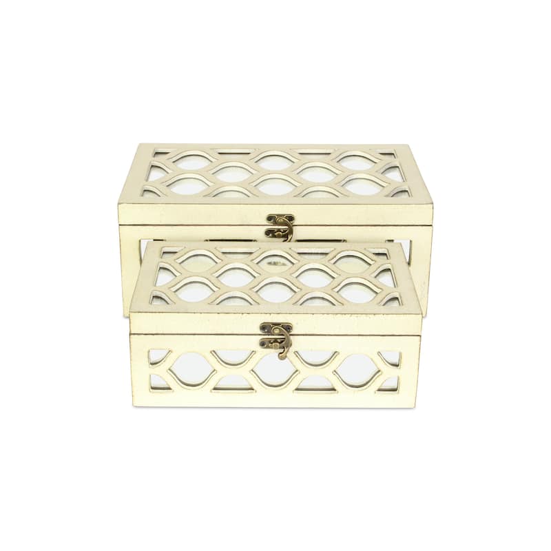 Blue Wood Moroccan Style Mirrored Storage Box (Set of 2)