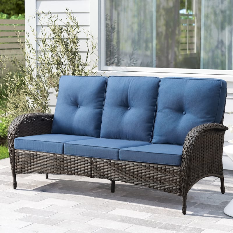 Gymojoy 3-Seat Patio Wicker Sofa High Back Sofa - Blue