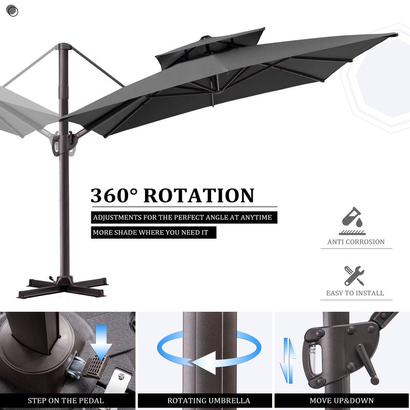 9x11FT Outdoor Patio Dual Top Umbrella Cantilever Offset with Rod Base