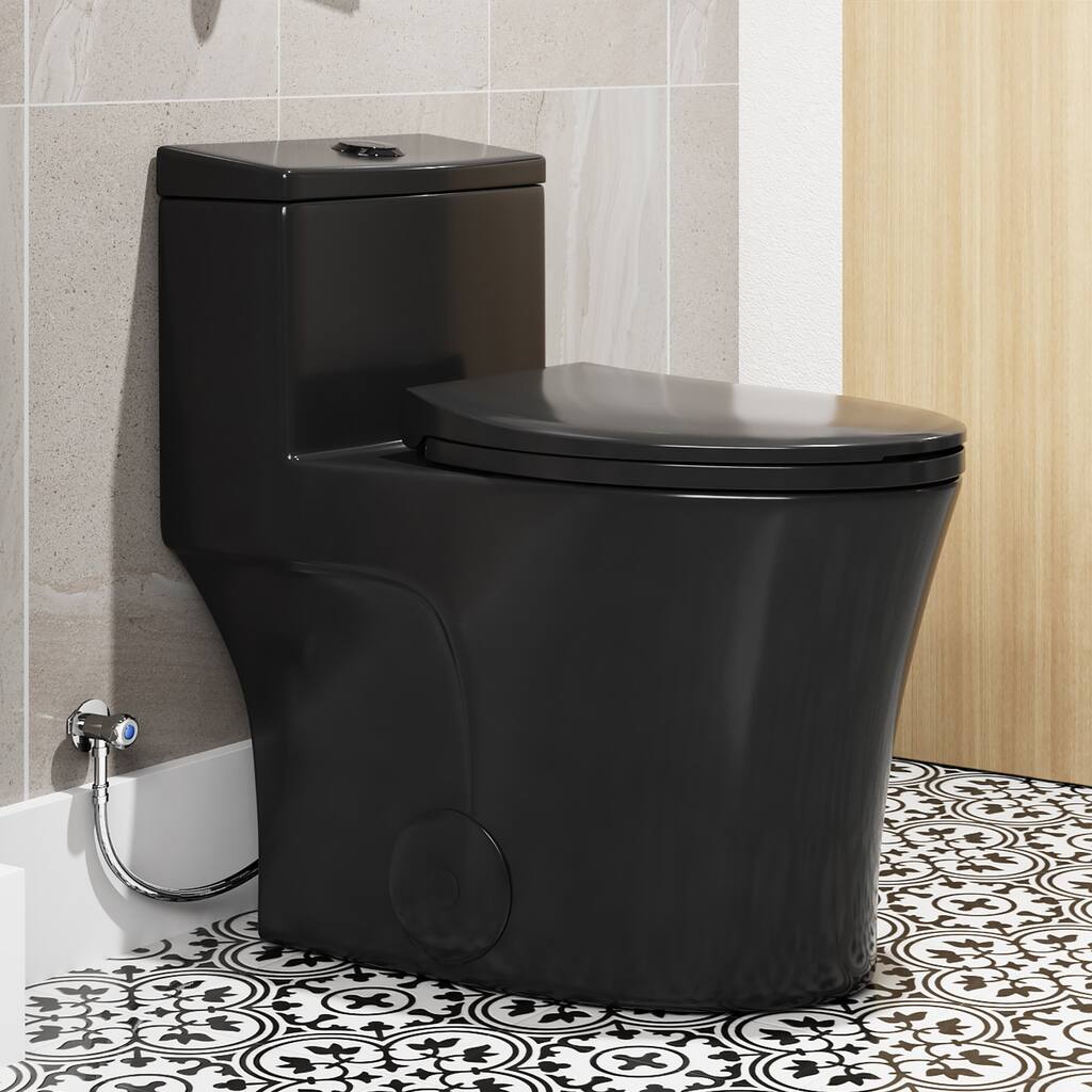 1 Piece Dual Flush Elongated Toilet Black 0.8 1.28 GPF Seat Included 12 Inch Rough In - N/A