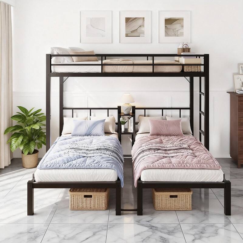 Metal Triple Bunk Bed Twin Over Twin Over Twin,3 Bunk Beds with Shelves for Kids,Teens and Adults,Heavy Duty,Black