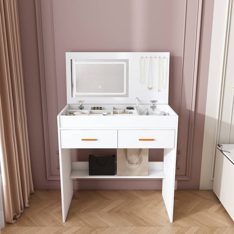 Flip Top Vanity Desk with Built-in LED Mirror, Outlet, 2 Drawers & Jewelry Hooks - White